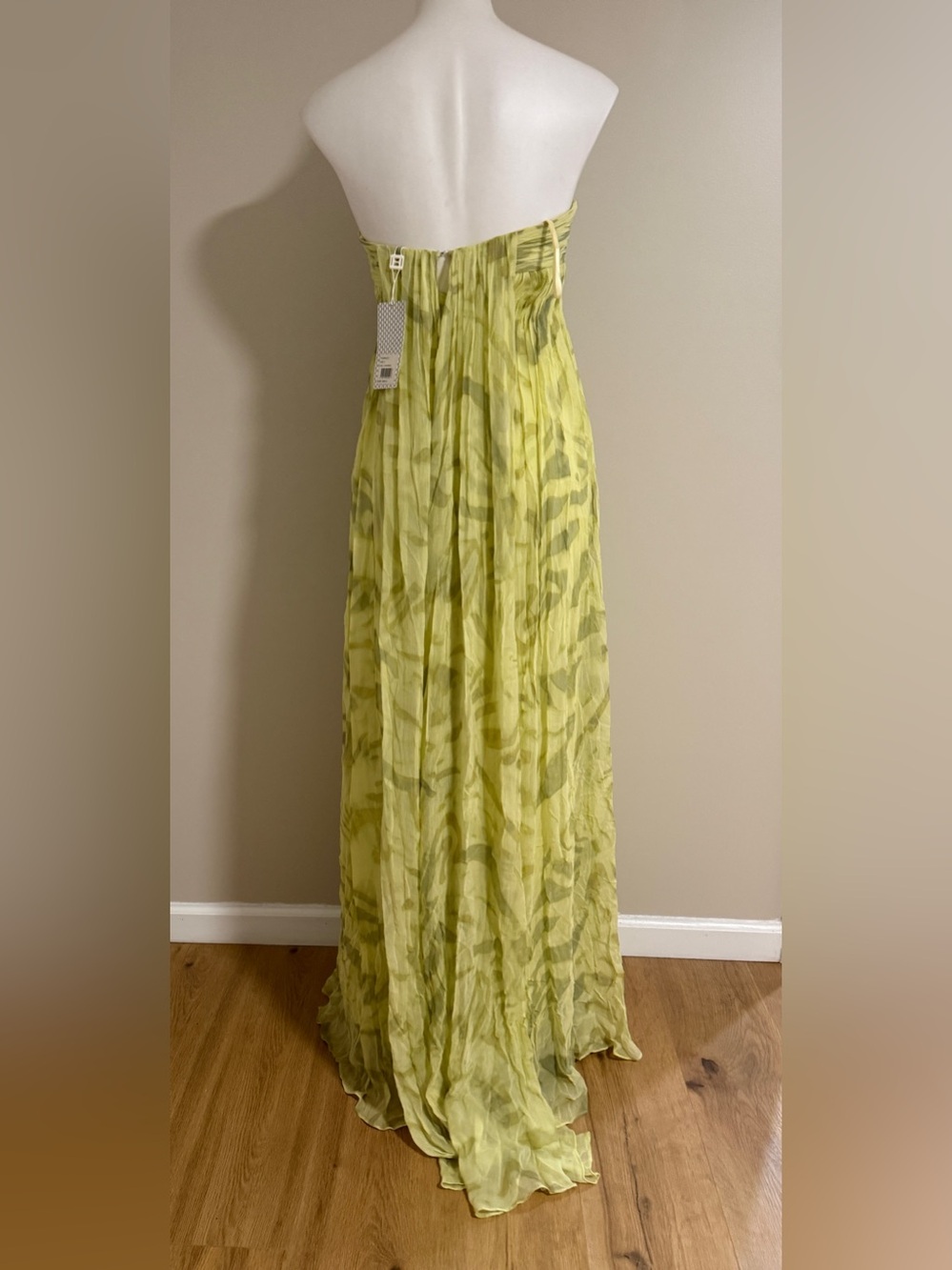 Halston Heritage Strapless Silk Chiffon Gown Dress Camomile Green Maxi - Picture 9 of 15